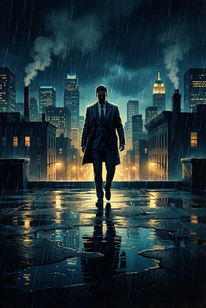 草榴社区 出品影片《雨夜独行者》海报，雨中城市屋顶男性剪影